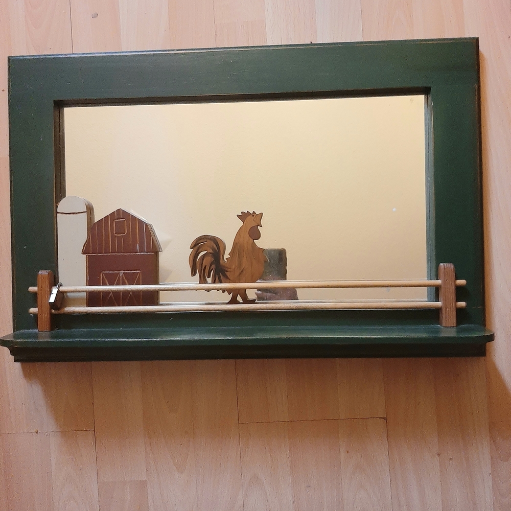 Rustic Green Farmhouse Mirrored Wall Shelf